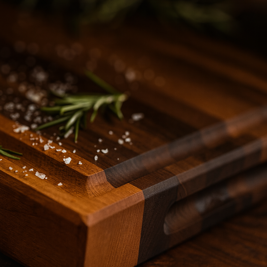 Close-up of The Harvest walnut and cherry cutting board showing juice groove detail.
