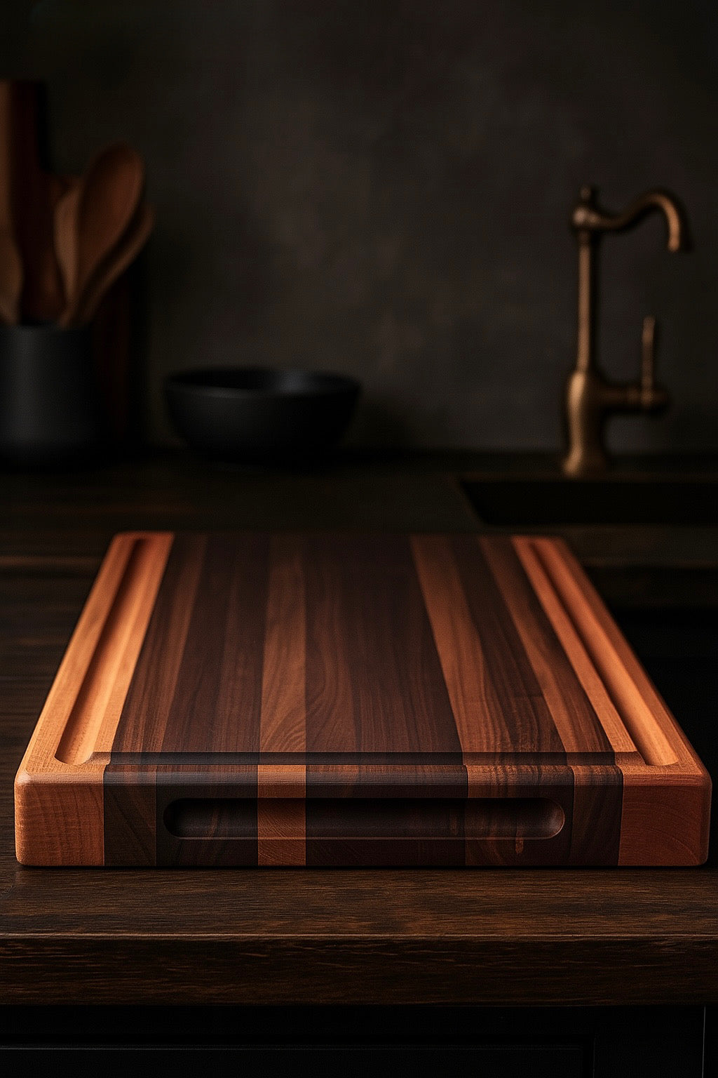 Front angle view of The Harvest cutting board showing contrasting walnut and cherry hardwoods.
