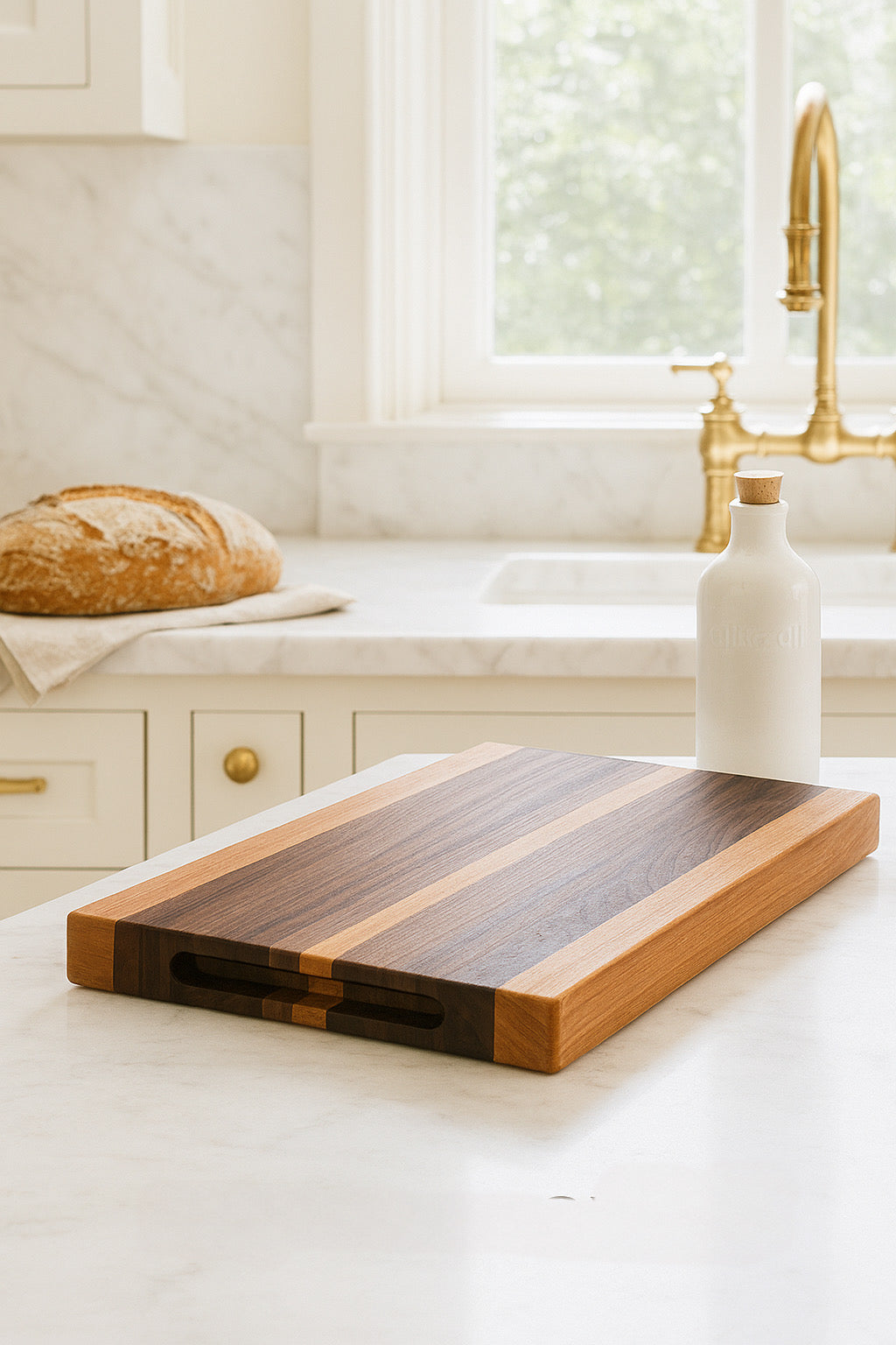 The Harvest walnut and cherry cutting board displayed on a bright kitchen countertop