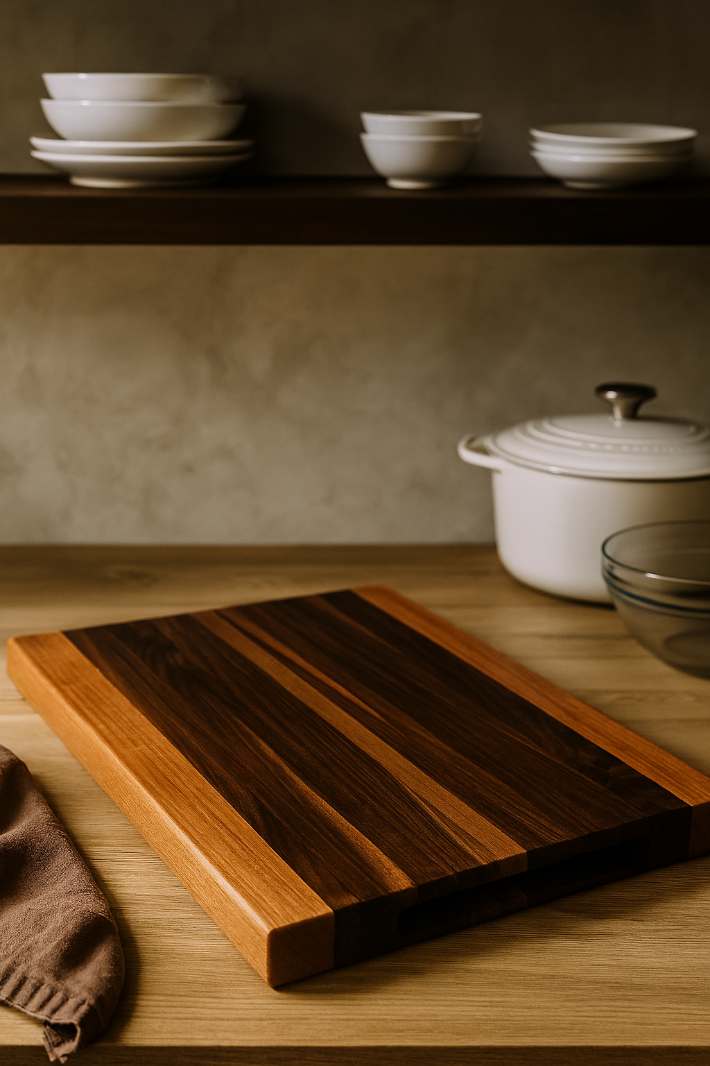 The Harvest walnut and cherry cutting board styled in a warm luxury kitchen setting