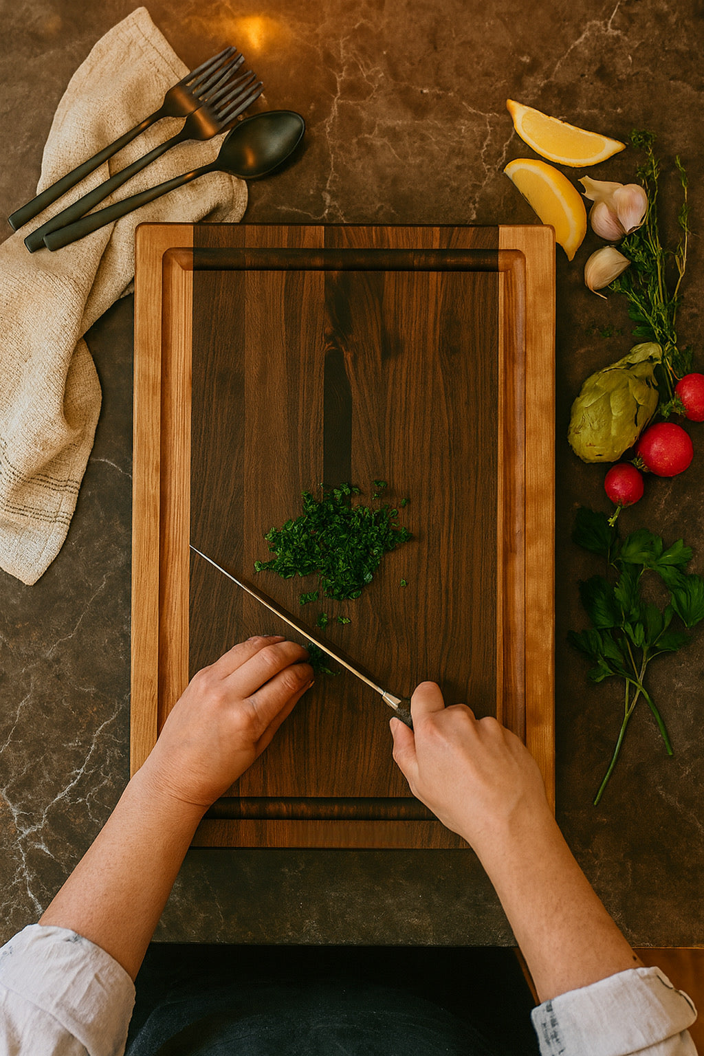 Top-down view of The Harvest cutting board being used for chopping herbs and vegetables.
