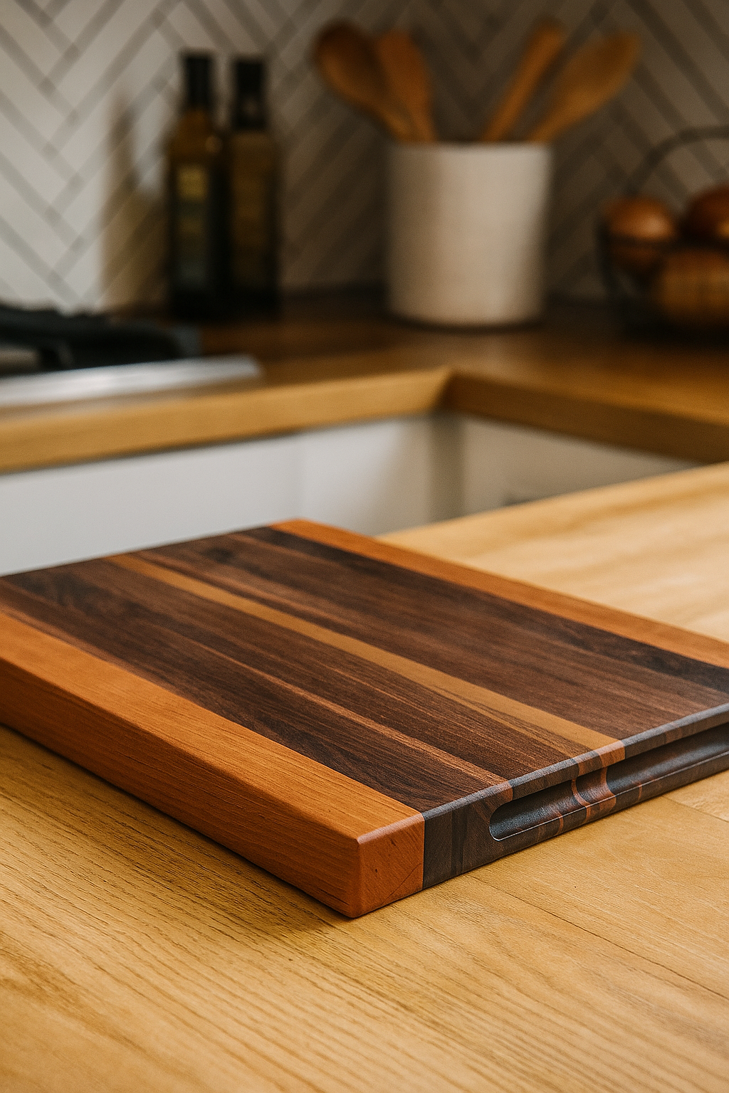 Side angle view of The Harvest cutting board highlighting two-inch thickness and edge grain pattern.