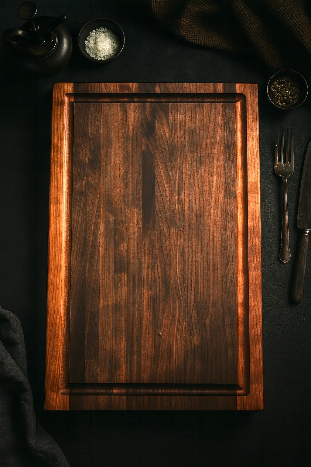 The Harvest walnut and cherry cutting board standing upright with juice groove detail