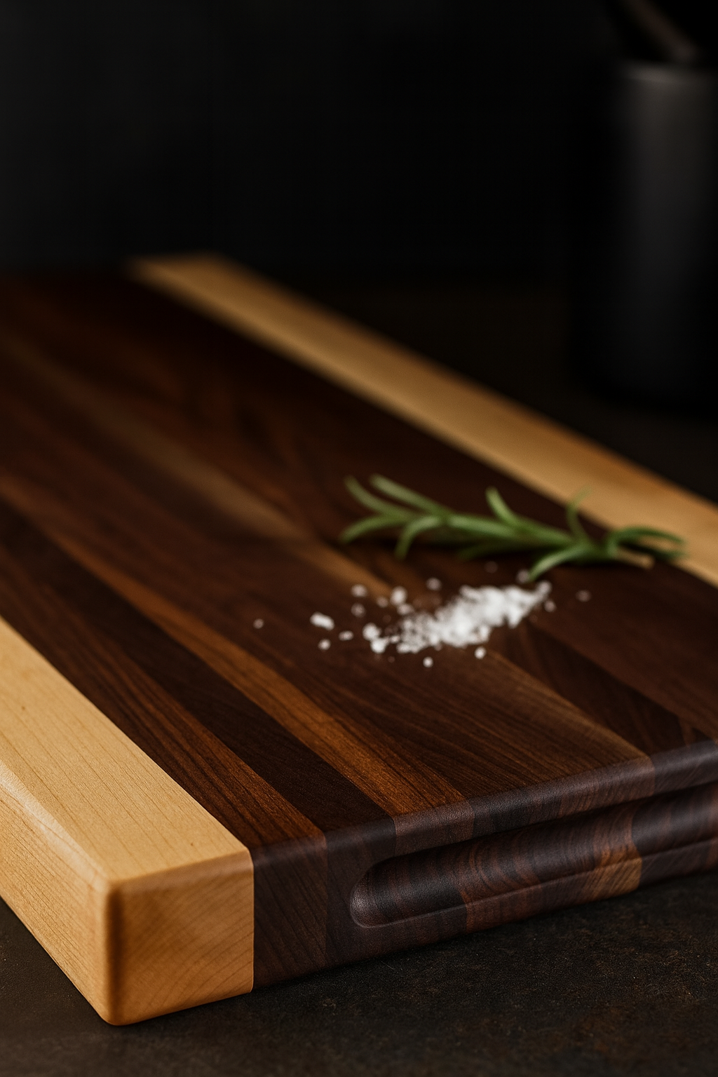 Close-up of The Hudson cutting board showing contour groove and maple edge detail.
