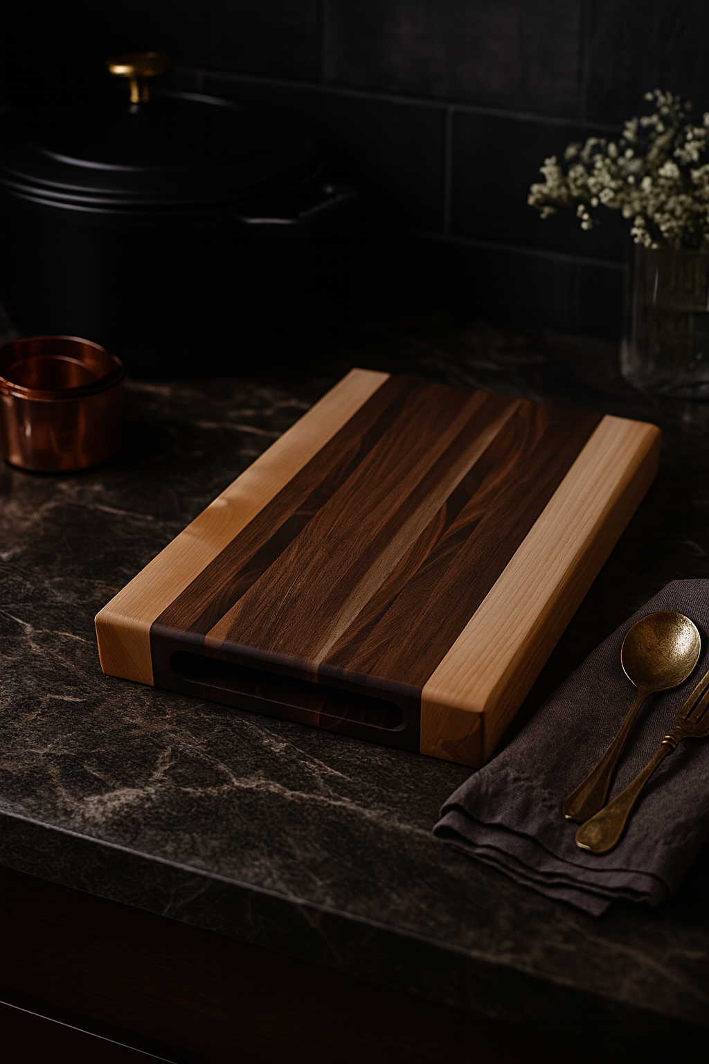 The Hudson walnut and maple board photographed on a dark stone countertop showing contrast and thickness.
