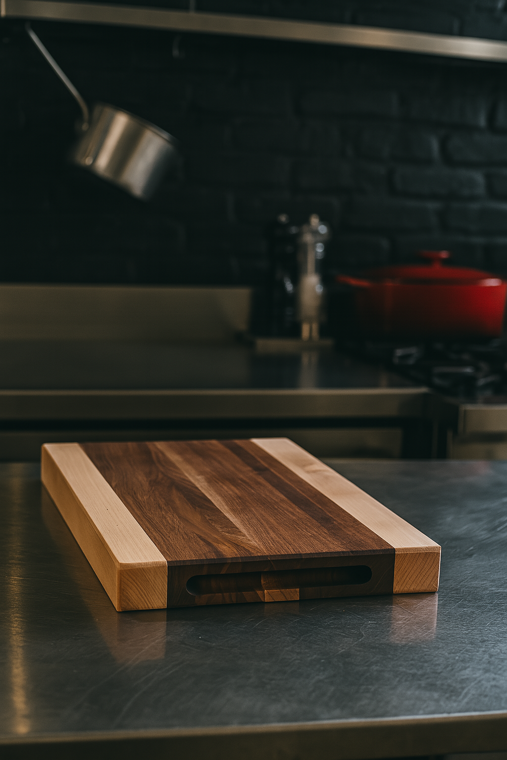 The Hudson cutting board displayed on a kitchen counter showing two inch thickness and wood contrast.
