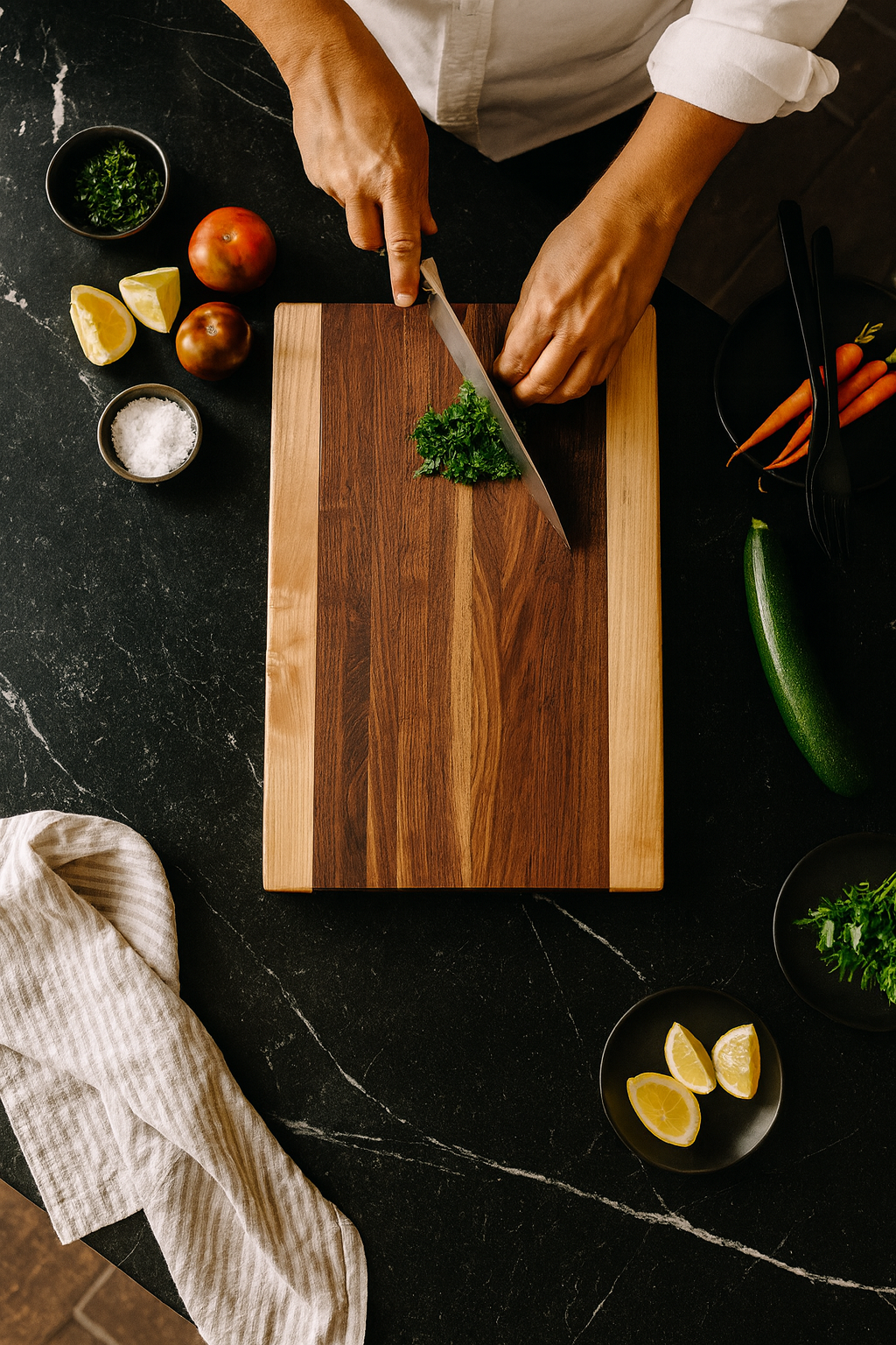 Top down view of The Hudson cutting board while chopping herbs and vegetables.
