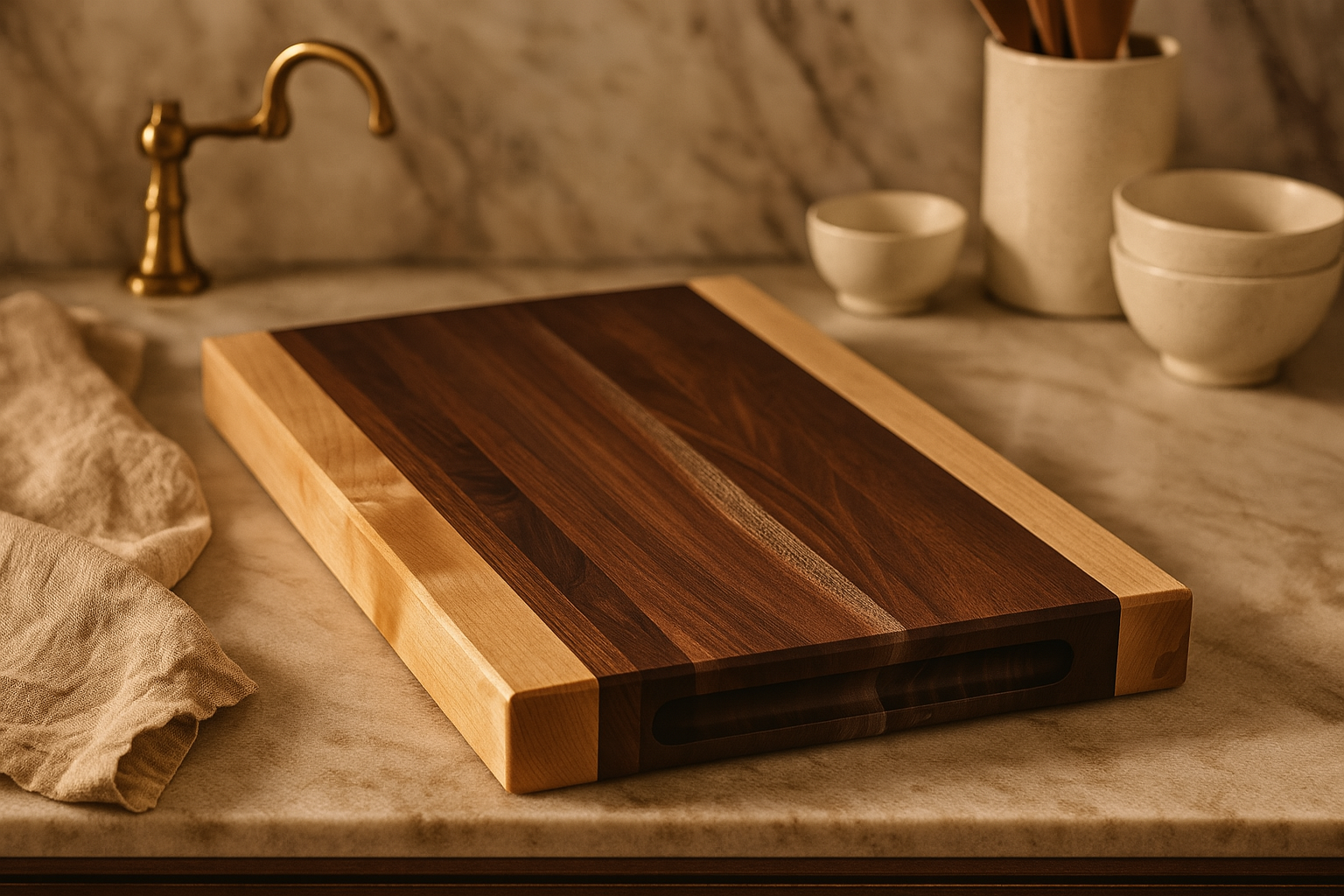 The Hudson walnut and maple board styled in a warm kitchen environment