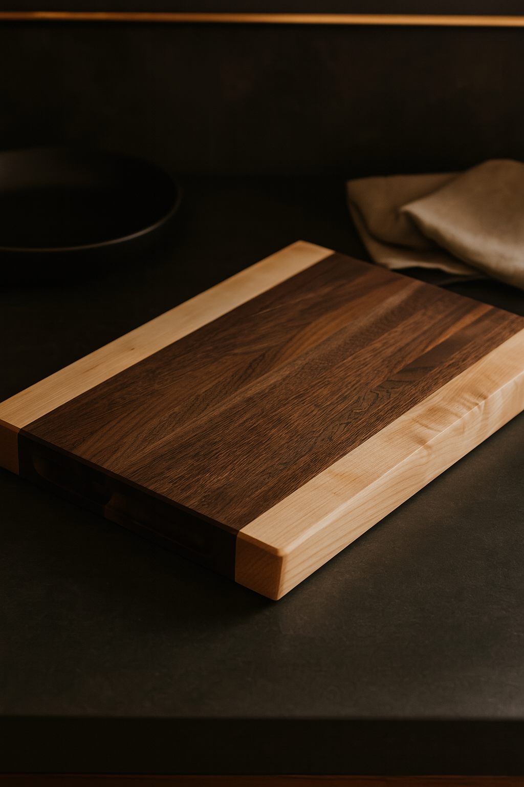 Angled view of The Hudson walnut and maple board photographed in warm kitchen lighting.
