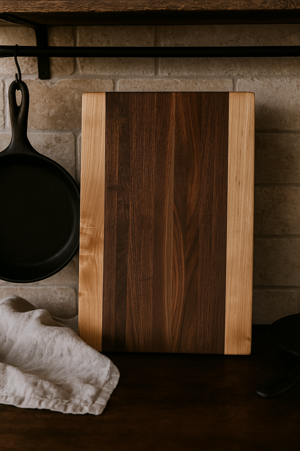 The Hudson walnut and maple cutting board standing upright showing contrast pattern