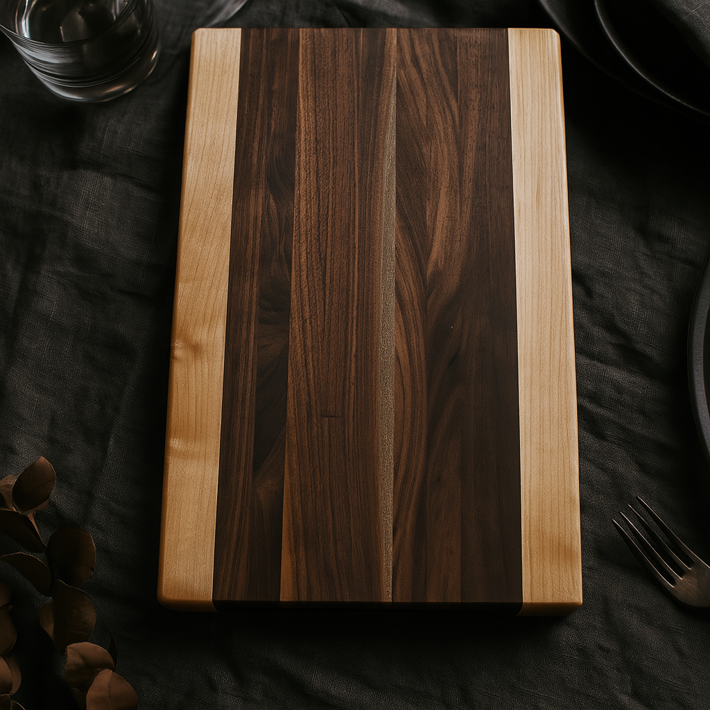 Front view of The Hudson walnut and maple edge grain cutting board