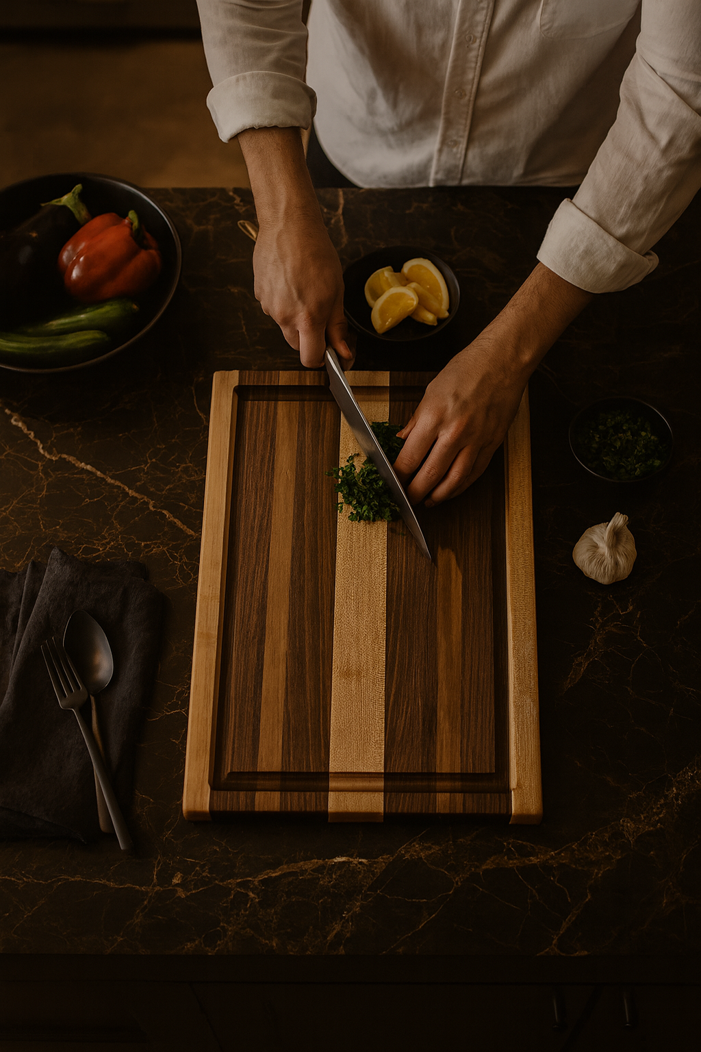 Chef preparing vegetables on The Ridge walnut and maple cutting board in a kitchen setting.
