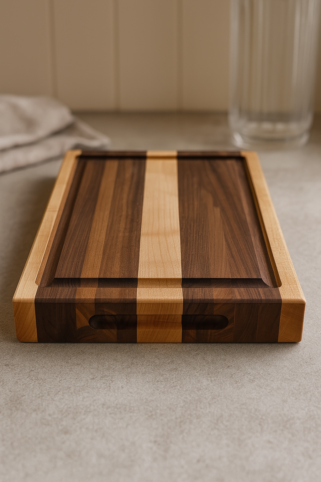 Front view of The Ridge walnut and maple edge grain cutting board highlighting center stripe pattern