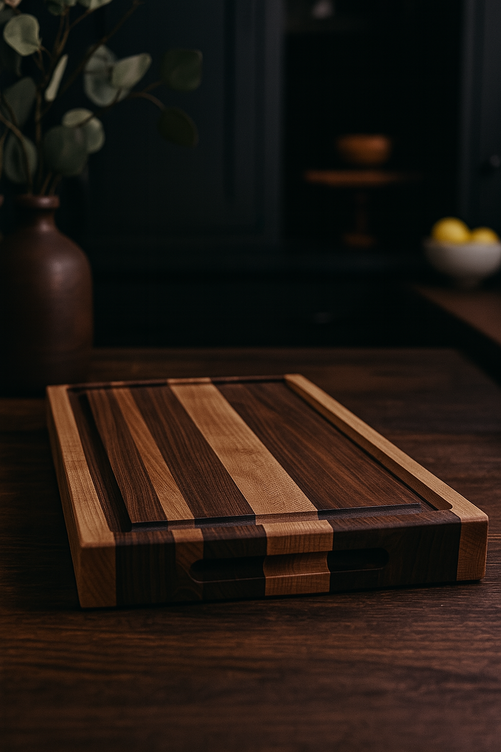 The Ridge walnut and maple cutting board styled in a dark kitchen setting