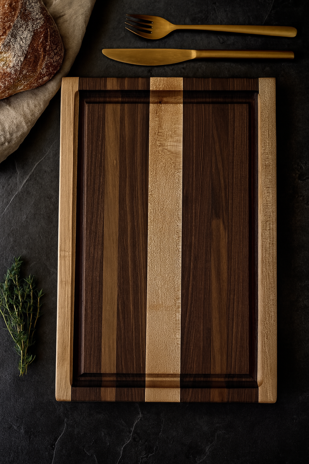 The Ridge walnut and maple cutting board standing upright showing bold contrast and juice groove.