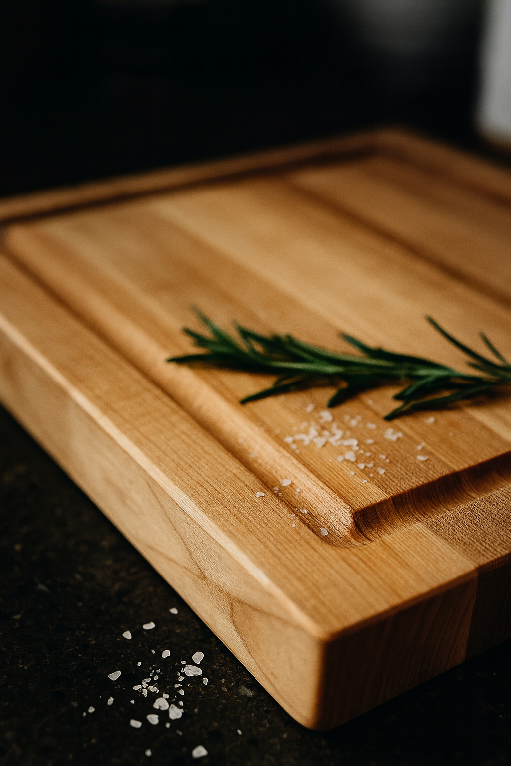 Close-up of The Wynn maple cutting board showing juice groove and smooth edge grain craftsmanship.
