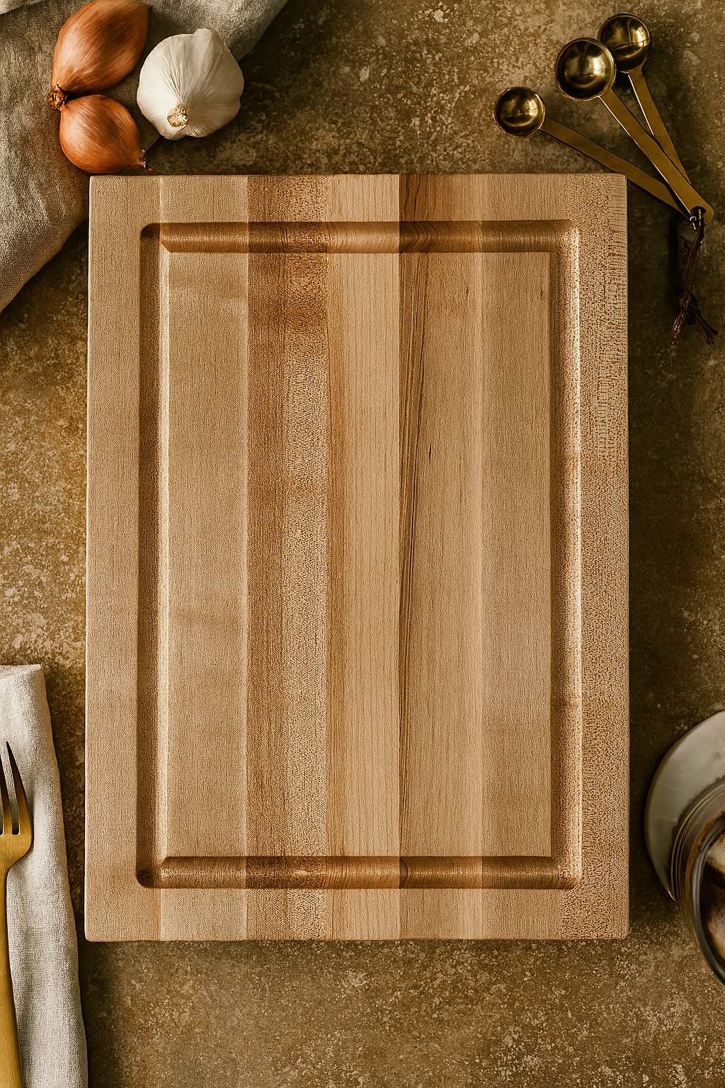 The Wynn solid maple edge grain cutting board displayed on a refined countertop
