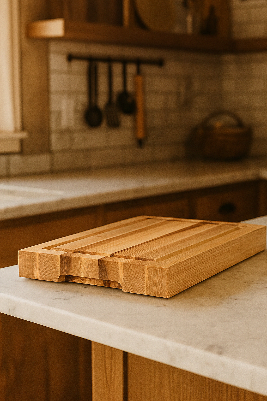 The Wynn edge grain maple cutting board displayed on a kitchen counter with natural lighting.