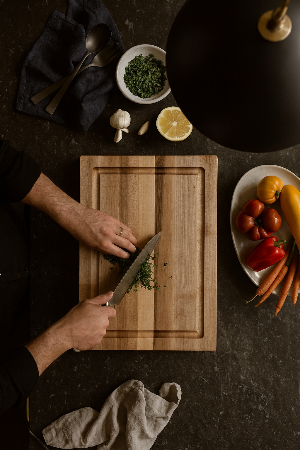 Top-down view of The Wynn maple cutting board being used for chopping herbs on a kitchen counter.