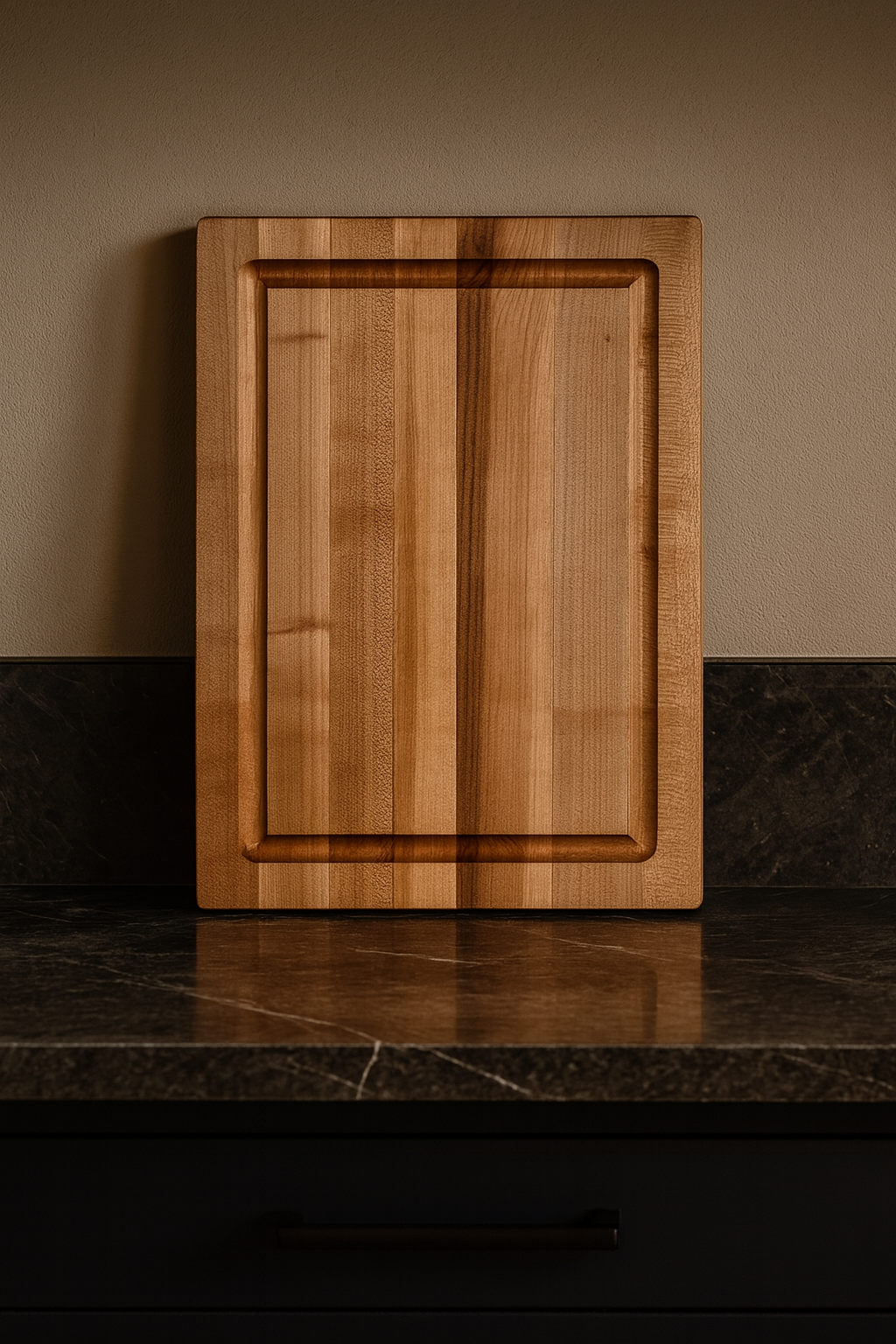 The Wynn maple cutting board standing upright showing edge grain surface and juice groove.